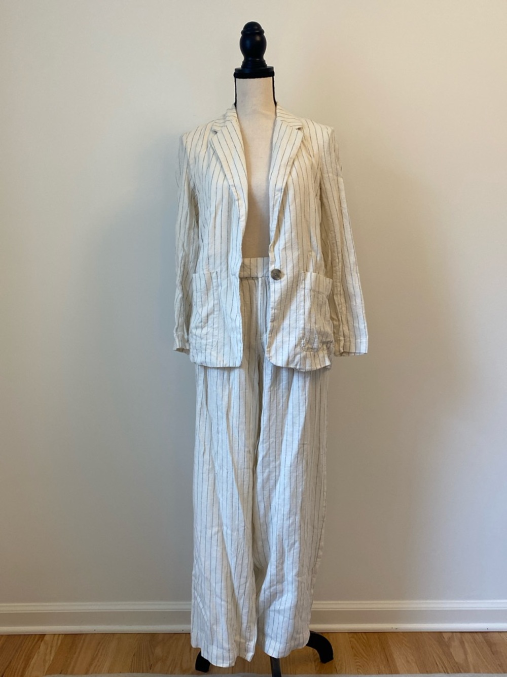 Women's Cream Striped Linen Wide-Leg Pants & Blazer Set